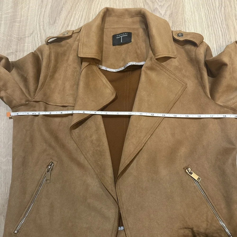 T Tahari Faux‎ Suede Jacket Women's Small Pockets Open Front Moto Style Camel